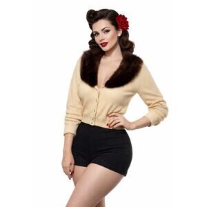 1950s Cream Angora Cardigan Fur Collar Pinup S/M